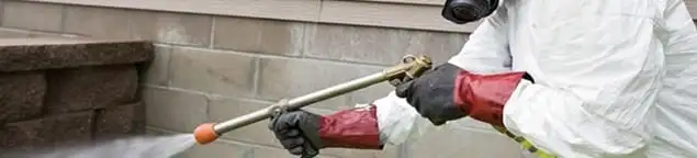 Pest control technician applying exterior insect treatment along a home foundation in Denver, CO