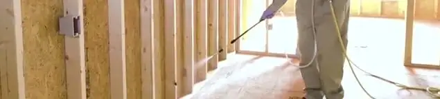 Termite treatment technician applying spray along framing and unfinished walls in Denver, CO